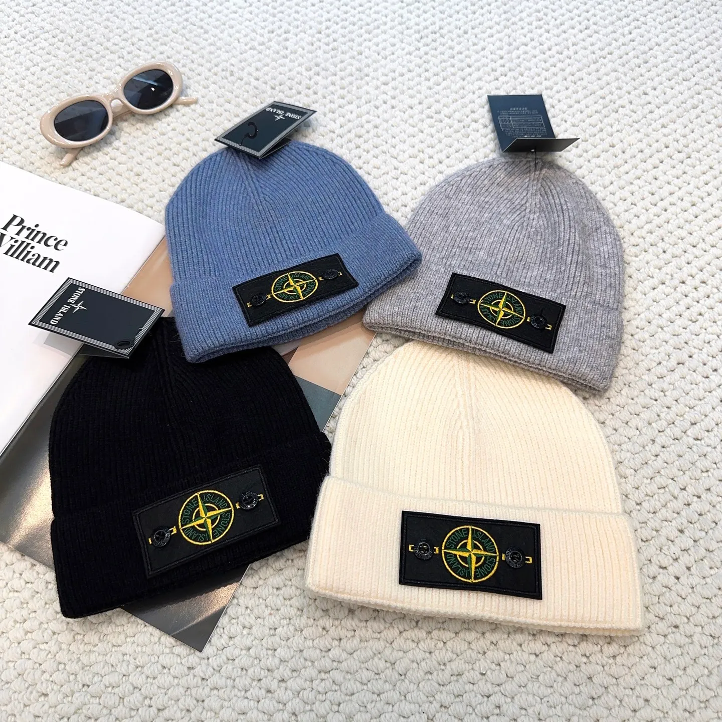 P60 Trendy brand Stone Island STONE classic popular cashmere wool knitted hat New autumn and winter cashmere woolen hat, men and women cold hat, Little Red Riding Hood popular style